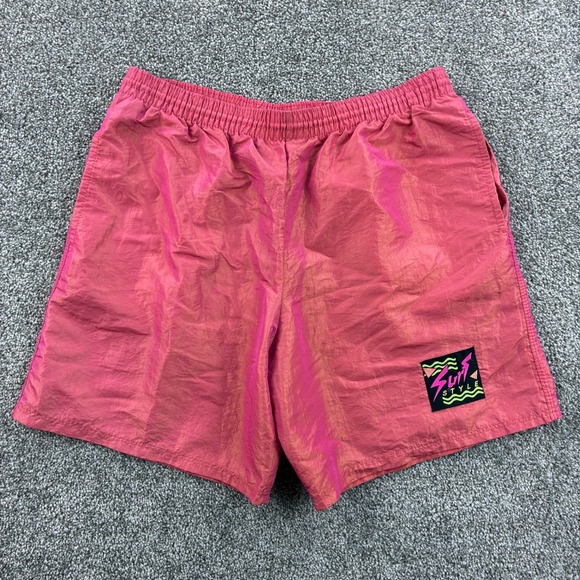 Vintage Surf Style Shorts Mens Large Pink Iridescent Swim Trunks Neon Surfwear - Picture 1 of 5